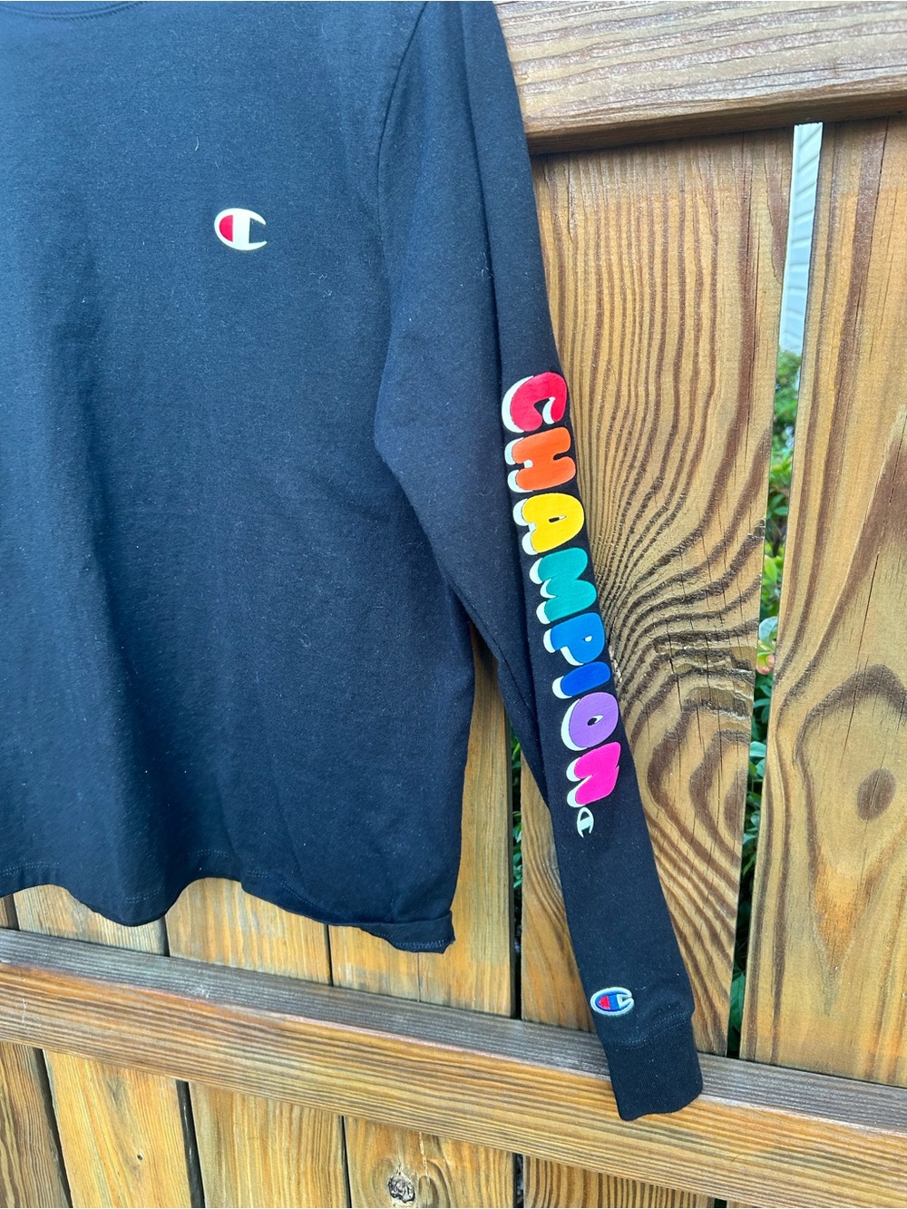 Champion Long Sleeve Tee Shirt Rainbow Script Logo Sleeve Sz. Medium